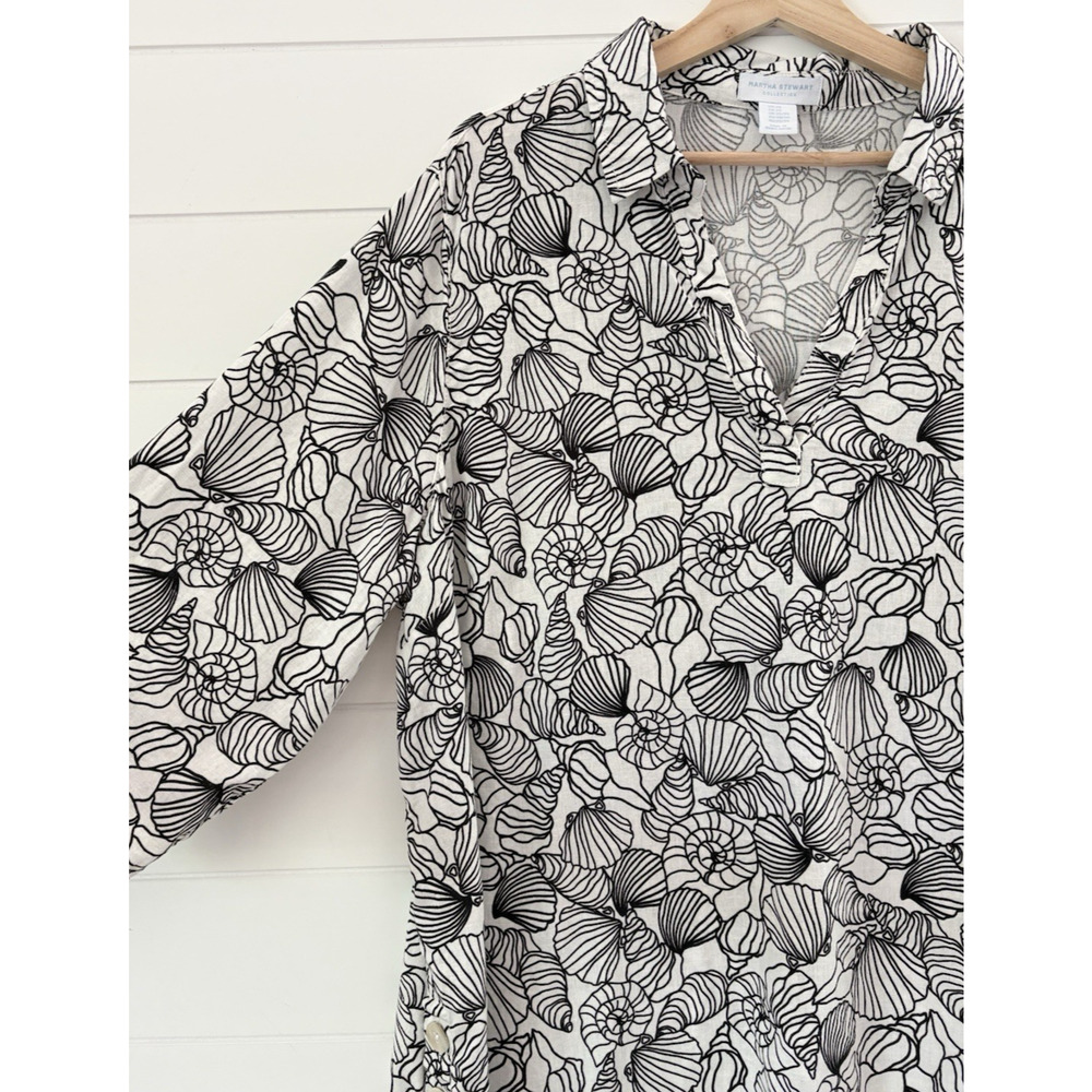 Martha Stewart 2X Linen Blend Seashell Print Popover Tunic Blouse Beach Coastal - Picture 6 of 12